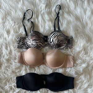 Victoria's Secret multi way strapless Zebra Print, Beige, and Black Bra Trio